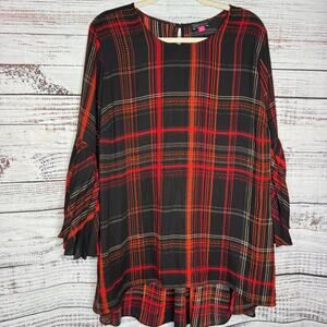 Vince Camuto Plaid Bell Sleeve Tunic Top Black Red Orange Pleated Sleeves 2X